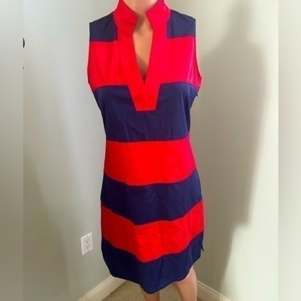 Sail to Sable red and navy rugby stripe dress